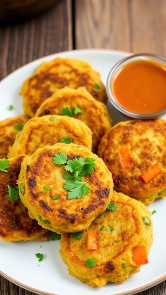 Baked vegetable patties on a plate, garnished with cilantro and served with dipping sauce.